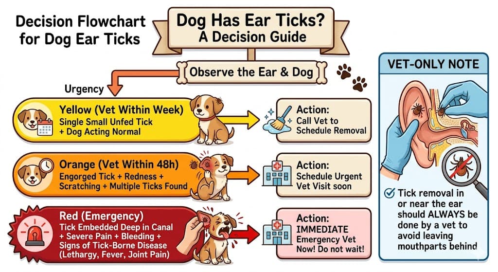 When to vet decision flowchart for dog ear ticks