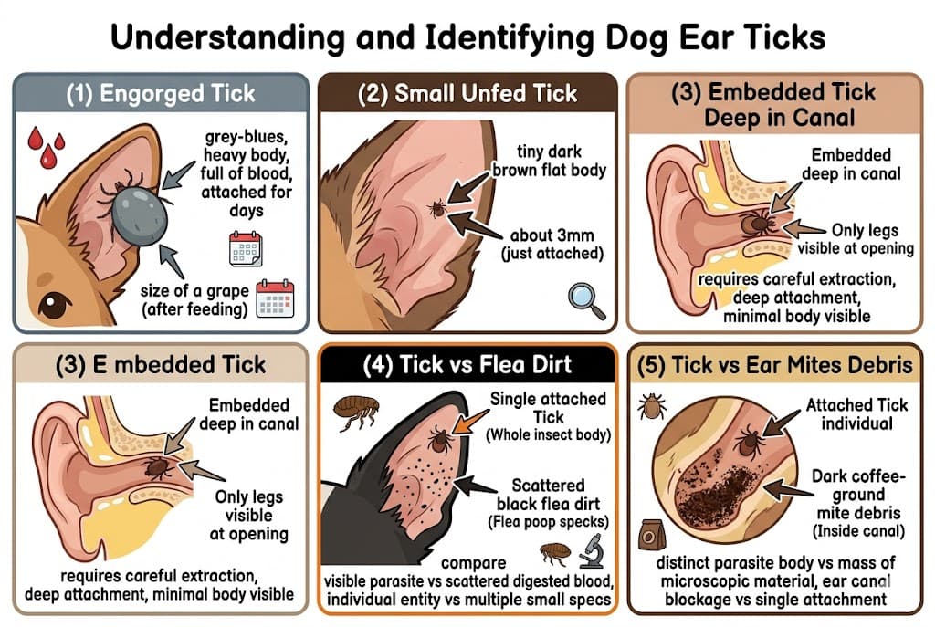 Comparison of 5 dog ear ticks sub-types: engorged vs unfed vs embedded vs flea dirt vs mites debris