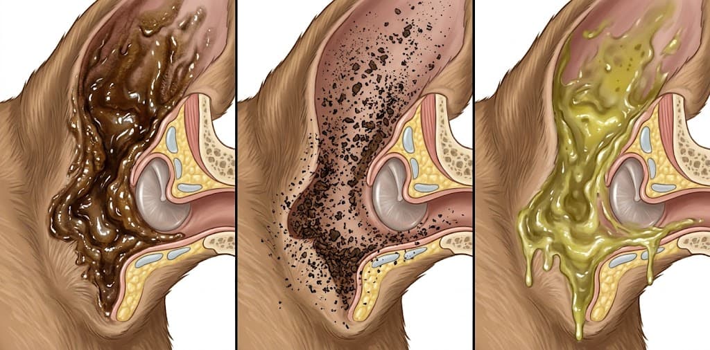 Dog ear wax 3-panel comparison: yeast brown greasy vs mites coffee-ground dry vs bacterial yellow-green pus