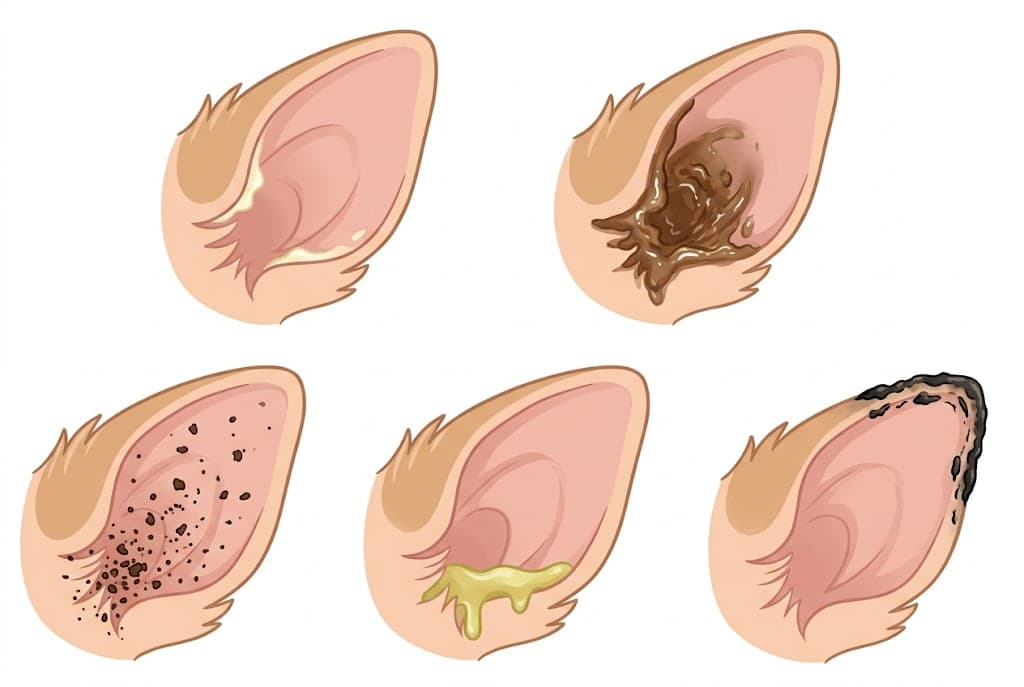 5 dog ear wax sub-types: normal yellow, yeast brown, mites coffee-ground, bacterial pus, sun-damage tip