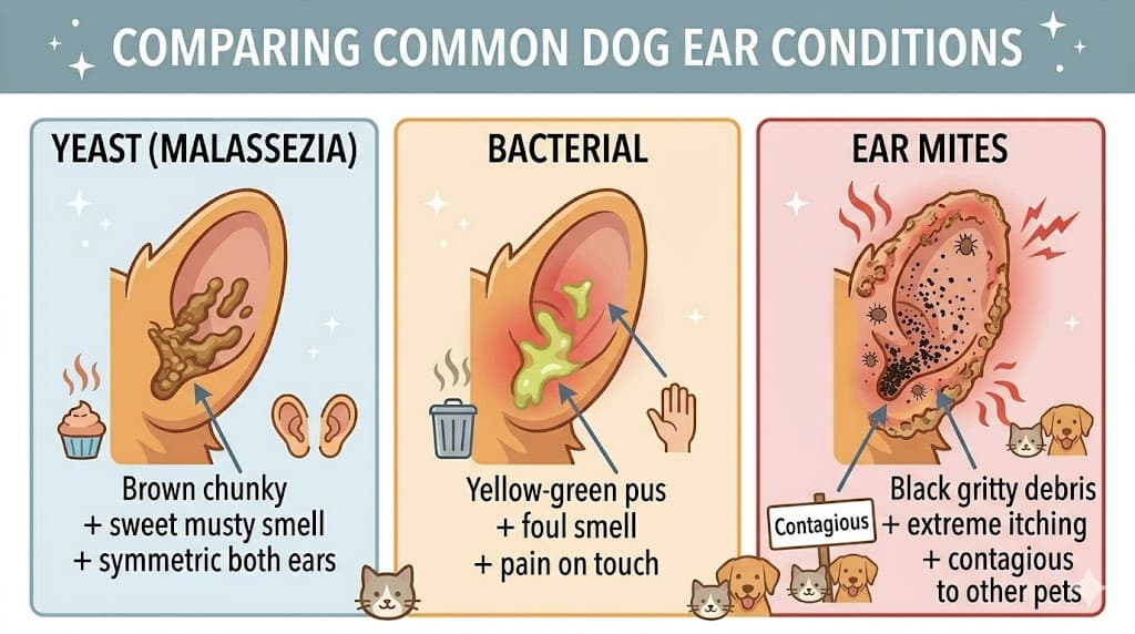 Three-panel comparison of dog ear yeast vs bacterial vs ear mites infection pictures
