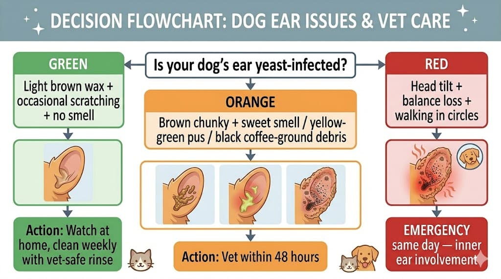 Decision flowchart for when to take a dog with yeast ear infection pictures to the vet