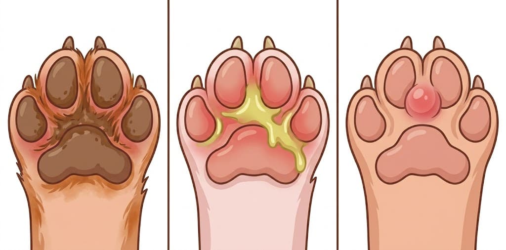 Dog paw yeast infection 3-panel: yeast vs bacterial vs interdigital cyst
