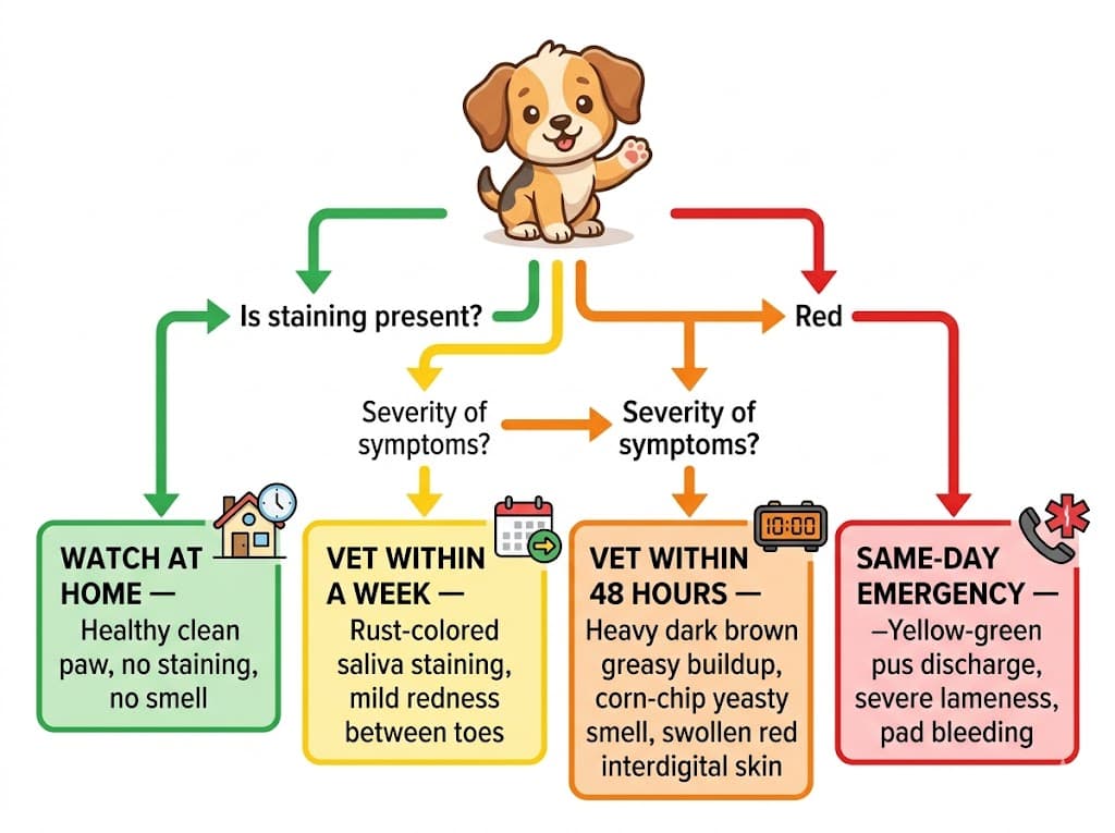 When to vet decision flowchart for dog paw yeast infection sub-types