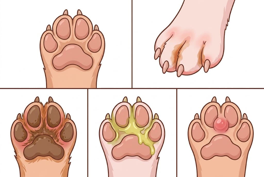 5 dog paw yeast pictures sub-types: healthy vs mild vs chronic Malassezia vs bacterial vs cyst