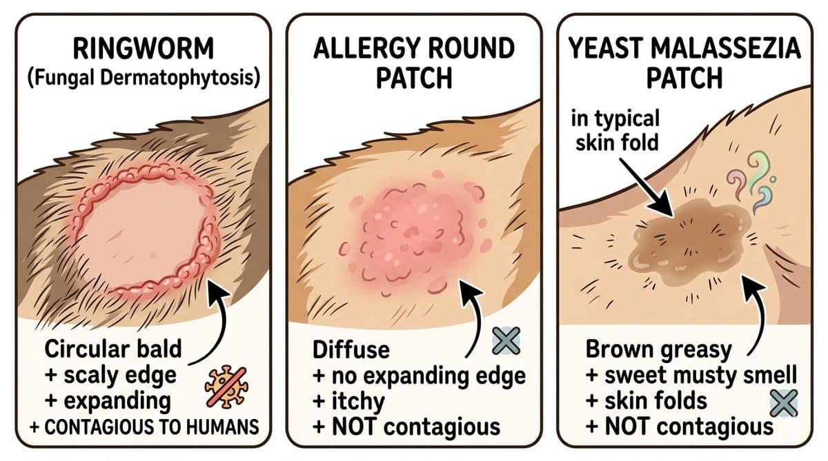 Three-panel dog ringworm pictures comparison: ringworm vs allergy round patch vs yeast Malassezia