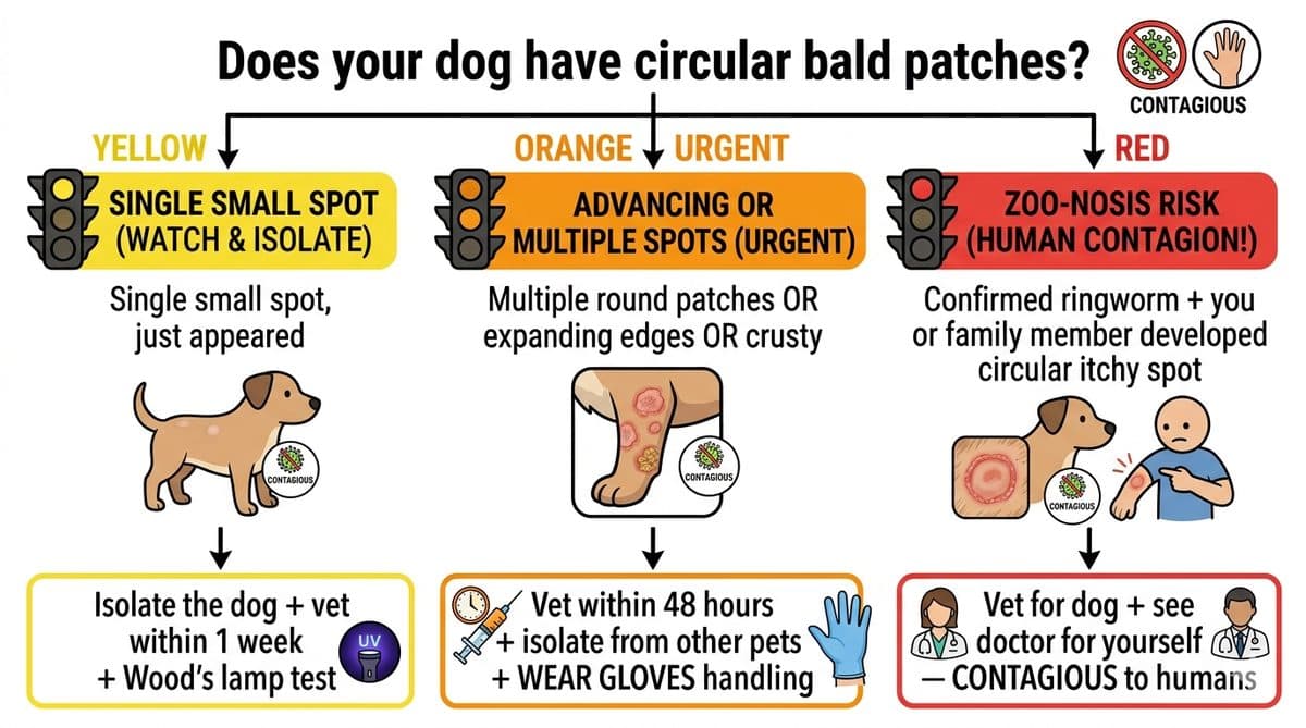 Decision flowchart: when to take a dog with ringworm on dogs skin pictures to the vet + zoonotic warning