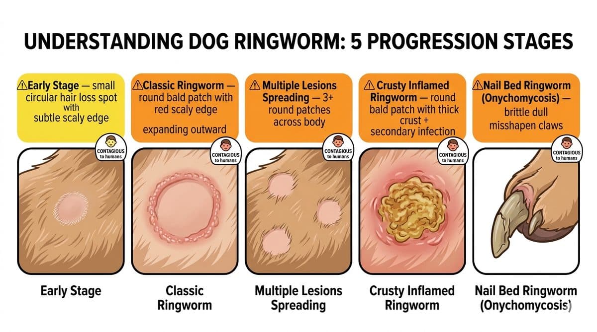 Comparison of 5 dog ringworm stages from early single patch to nail bed involvement