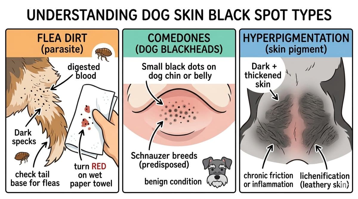 Three-panel dog skin black spots pictures comparison: flea dirt vs comedones vs hyperpigmentation