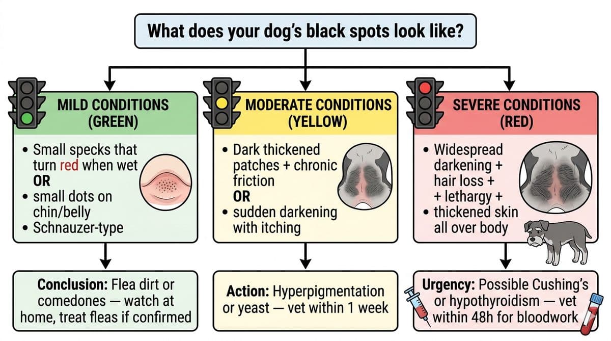 Decision flowchart for when to take a dog with skin black spots or dark patches to the vet