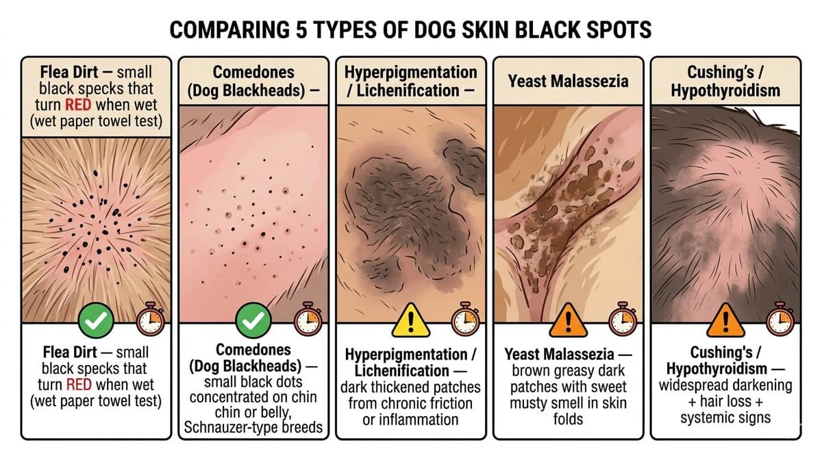 Comparison of 5 dog skin black spots types from flea dirt to comedones to hyperpigmentation to yeast to Cushings