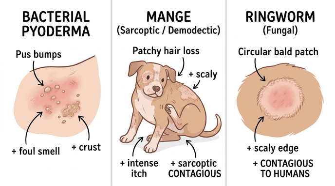 Three-panel dog skin diseases pictures comparison: bacterial pyoderma vs mange vs ringworm fungal infection