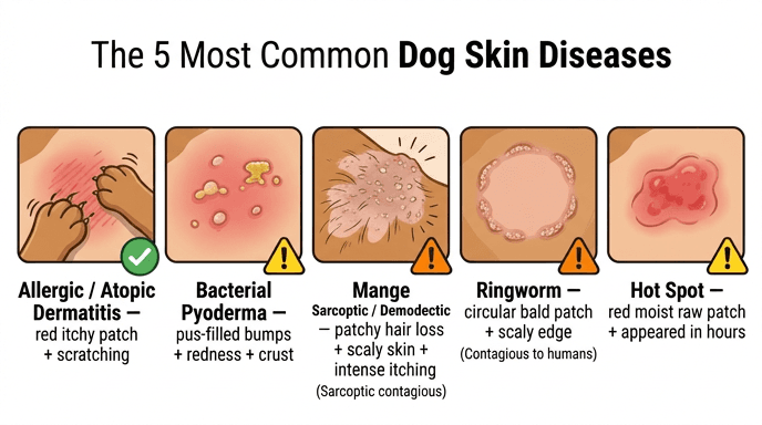 Comparison of 5 dog skin diseases from allergic dermatitis to bacterial pyoderma to mange to ringworm to hot spot