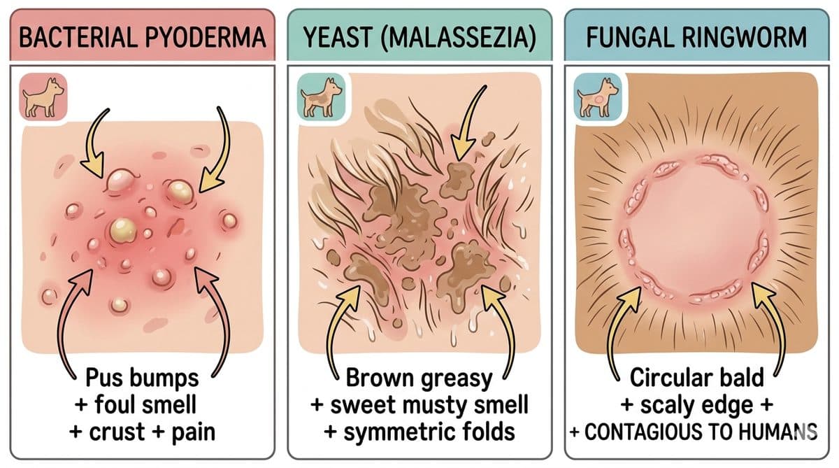 Three-panel dog skin infection pictures comparison: bacterial pyoderma vs yeast Malassezia vs fungal ringworm
