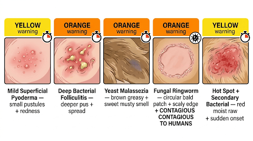 Comparison of 5 dog skin infection sub-types from mild pyoderma to fungal ringworm to hot spot secondary