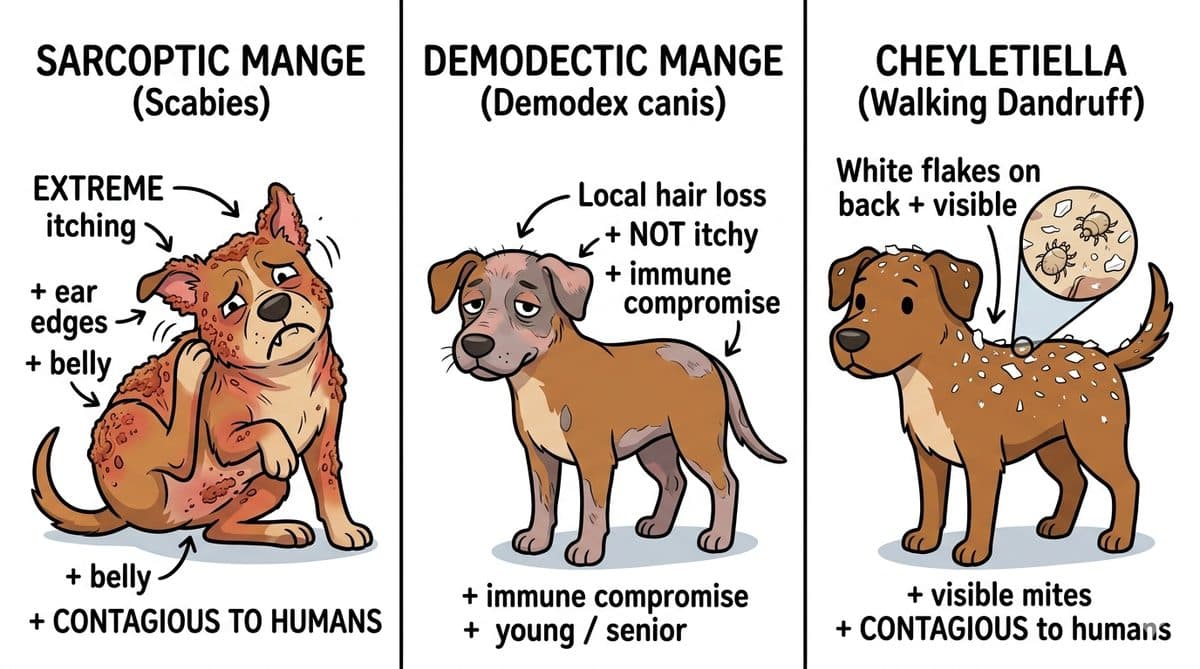 Three-panel dog skin mites pictures comparison: Sarcoptic mange vs Demodectic mange vs Cheyletiella walking dandruff
