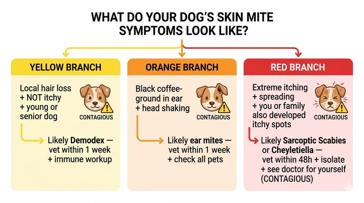 Decision flowchart for when to take a dog with skin mites to the vet plus zoonotic contagious warning