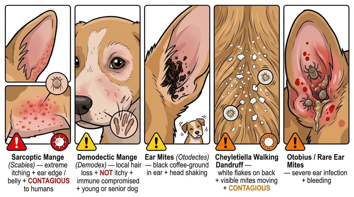 Comparison of 5 dog skin mites types: Sarcoptic vs Demodex vs ear mites vs Cheyletiella vs rare
