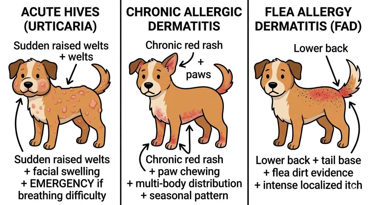 Three-panel dog skin rash pictures comparison: hives vs chronic allergic dermatitis vs FAD