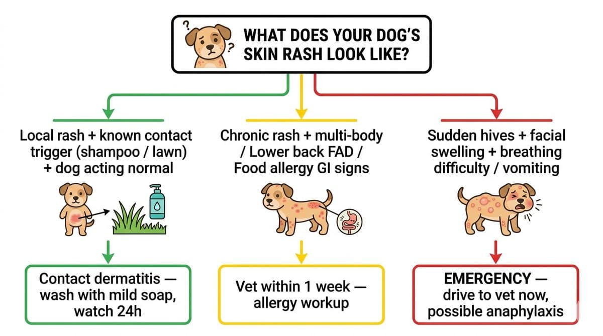 Decision flowchart for when to take a dog with skin rash to the vet plus anaphylaxis warning
