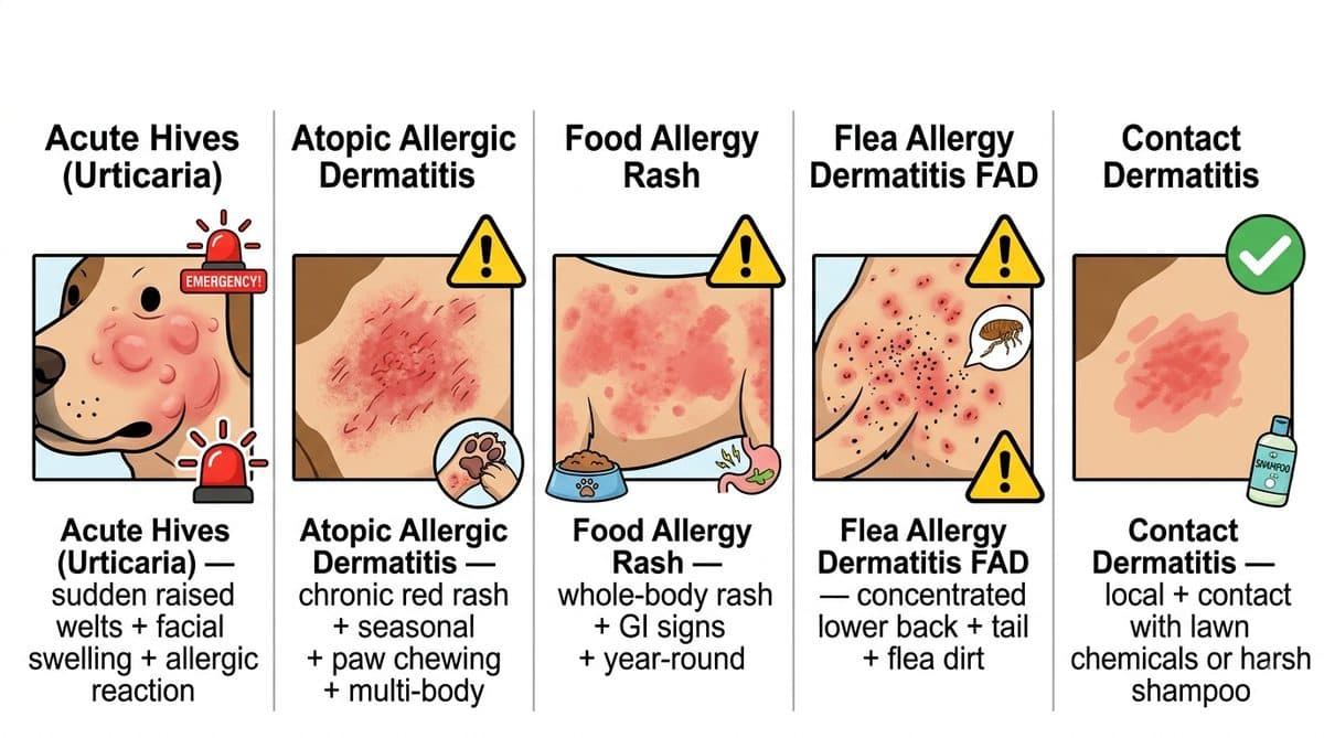 Comparison of 5 dog skin rash types: hives vs atopic vs food allergy vs FAD vs contact