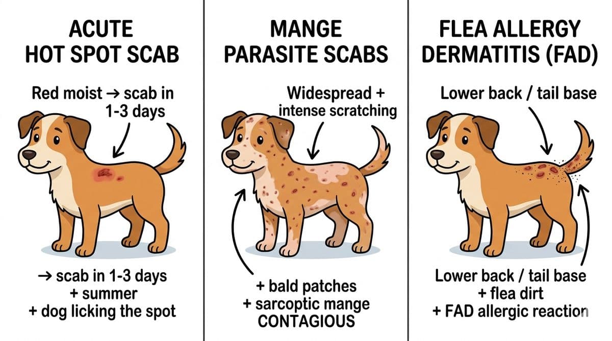 Three-panel dog skin scabs pictures comparison: hot spot vs mange vs Flea Allergy Dermatitis FAD