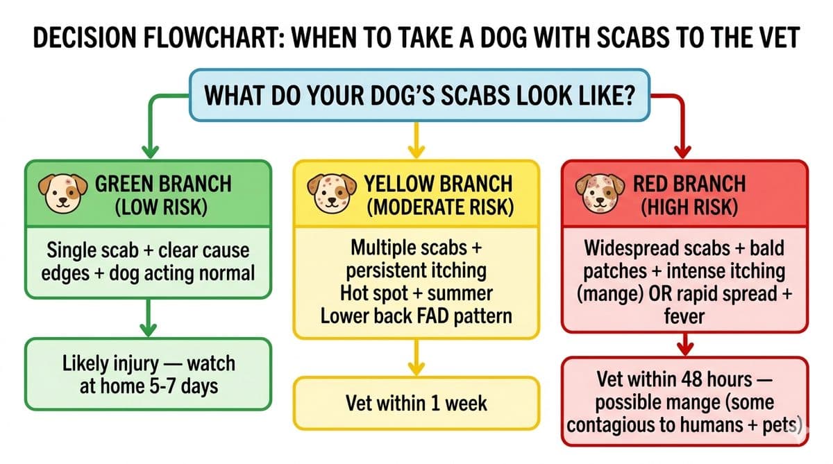 Decision flowchart for when to take a dog with skin scabs to the vet