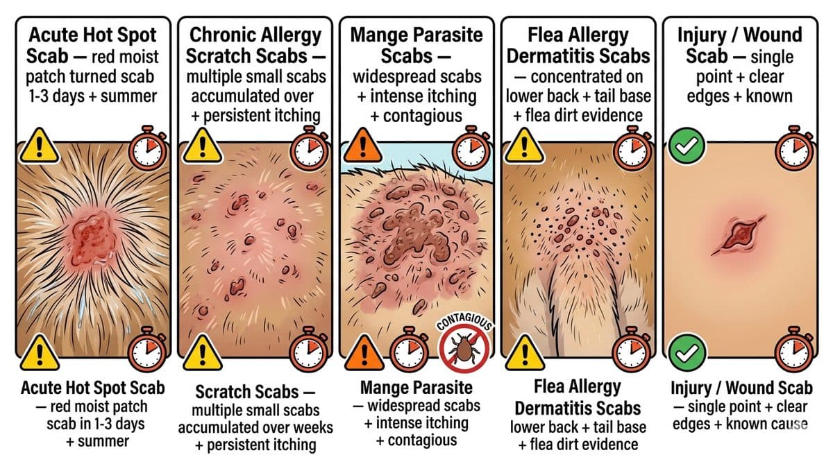 Comparison of 5 dog skin scabs types: hot spot vs allergy vs mange vs FAD vs injury