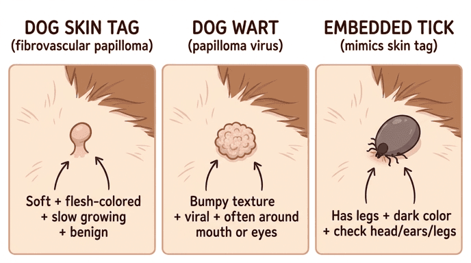 Three-panel comparison of dog skin tag vs wart vs embedded tick pictures