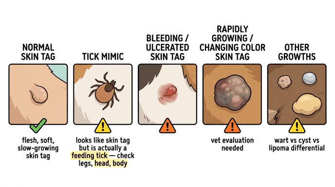 Comparison of 5 dog skin tag sub-types from normal benign to tick mimic to rapidly changing