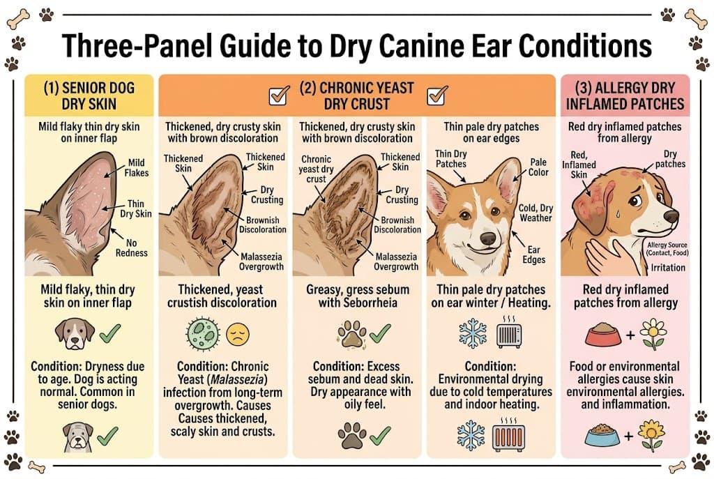 Dry dog ears 3-panel: senior mild flaky vs chronic yeast brownish thickened vs allergy red inflamed