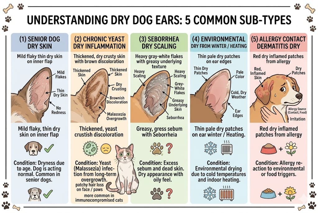 Comparison of 5 dry dog ears sub-types: senior aging vs chronic yeast vs seborrhea vs winter vs allergy