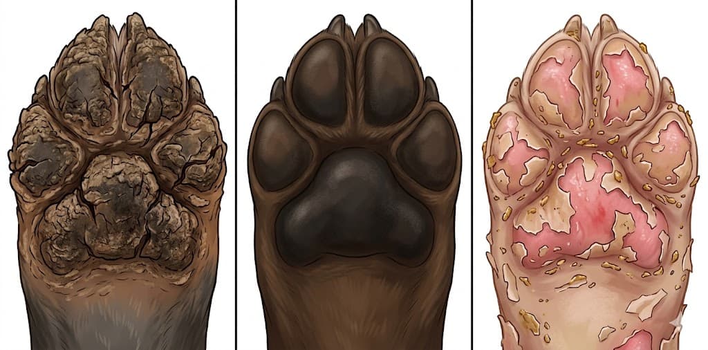 Hyperkeratosis dog paw 3-panel: hyperkeratosis crusty vs normal callus vs pemphigus peeled