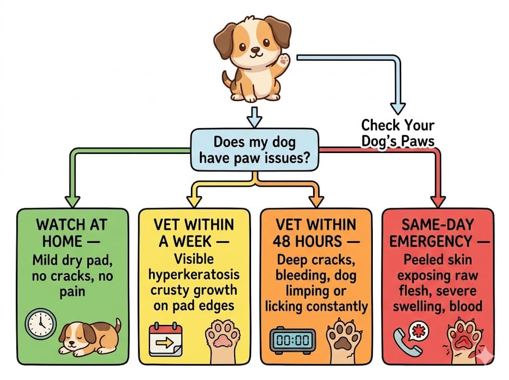 When to vet decision flowchart for hyperkeratosis dog paw sub-types