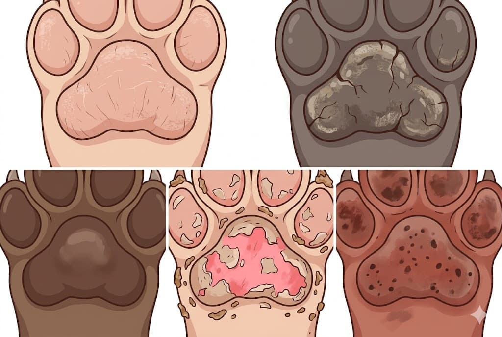 5 dog paw pad sub-types: mild dry vs hyperkeratosis vs callus vs pemphigus vs burn