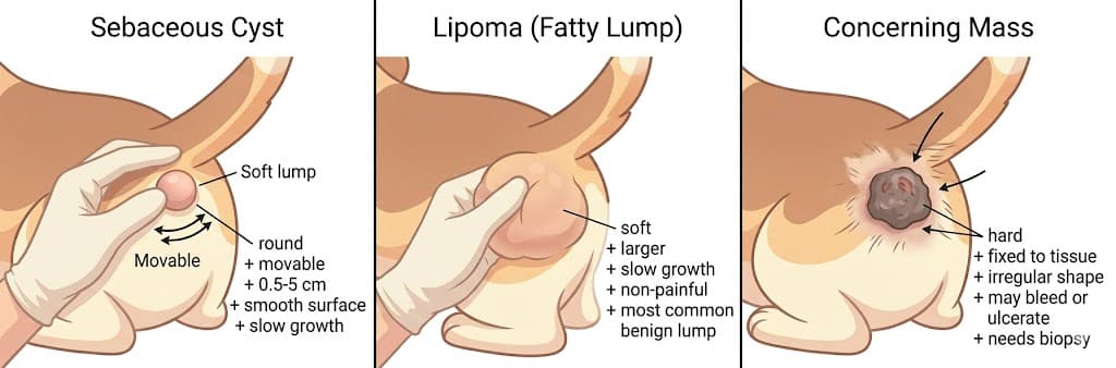 Three-panel comparison of dog tail cyst vs lipoma vs concerning mass pictures