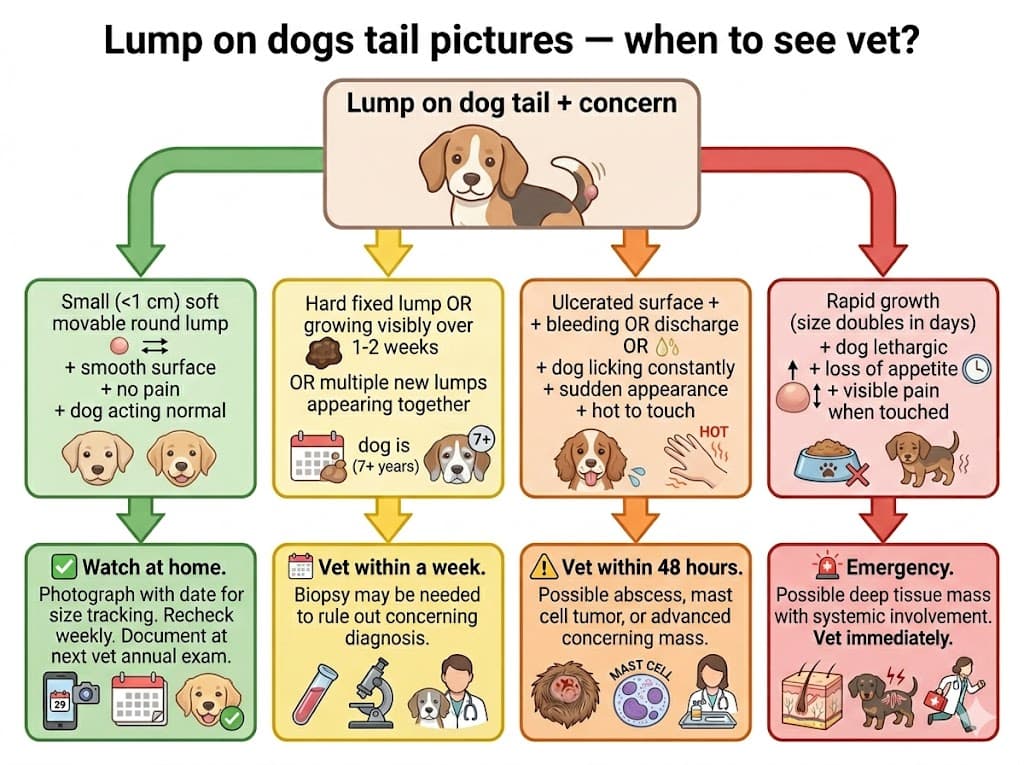 Decision flowchart for when to take a dog with tail lump pictures to the vet