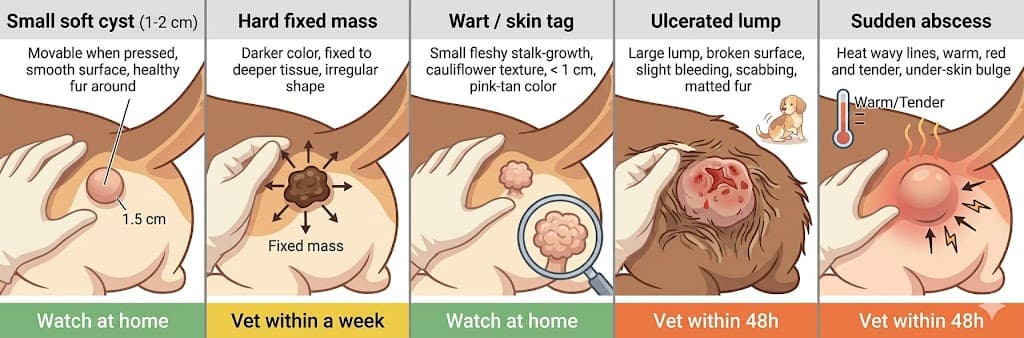 Comparison of 5 lump on dogs tail pictures sub-types from soft cyst to ulcerated mass