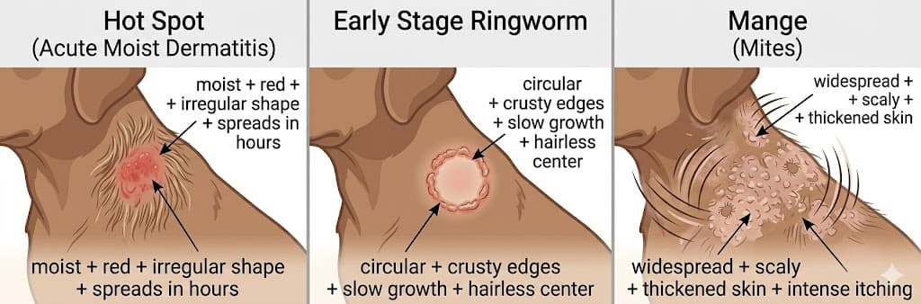 Three-panel comparison of dog hot spot vs early stage ringworm vs mange picture identification