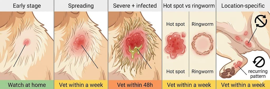 Comparison of 5 hot spots dogs pictures sub-types from mild early stage to severe infected
