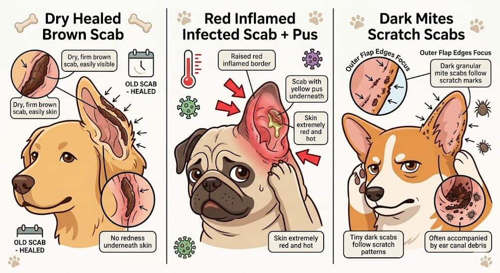 Scabs on dogs ears 3-panel: dry healed brown vs infected red with pus vs mites dark crust on flap edges