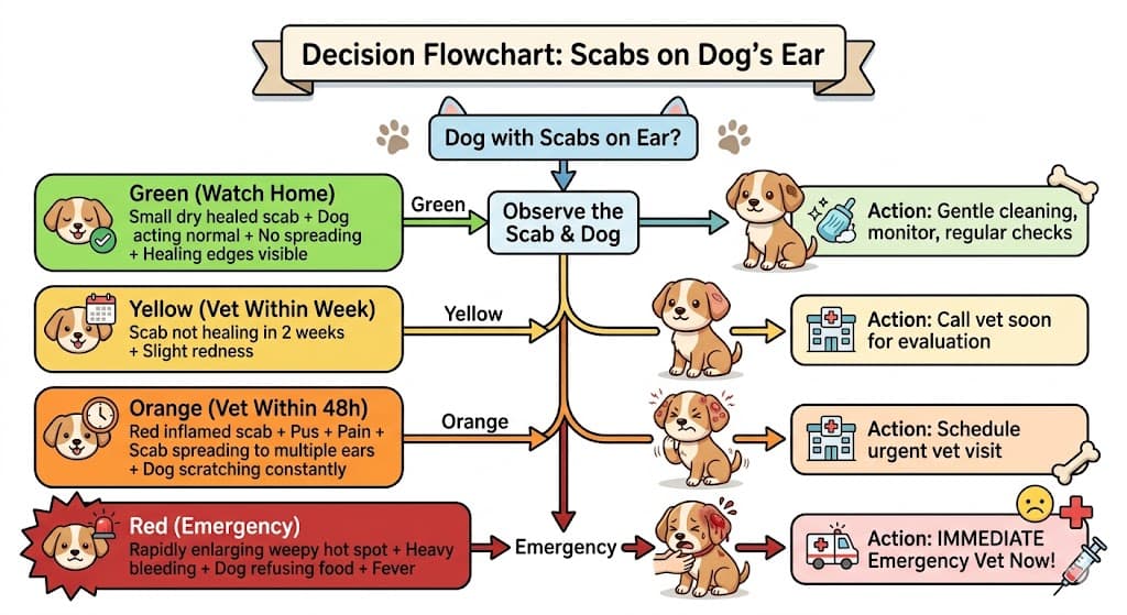 When to vet decision flowchart for scabs on dogs ears