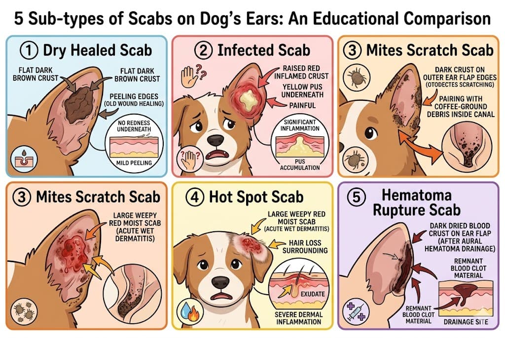 Comparison of 5 scabs on dogs ears sub-types: dry healed vs infected vs mites vs hot spot vs hematoma