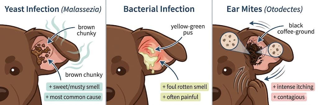 Three-panel comparison of dog ear yeast vs bacterial vs ear mites infection pictures