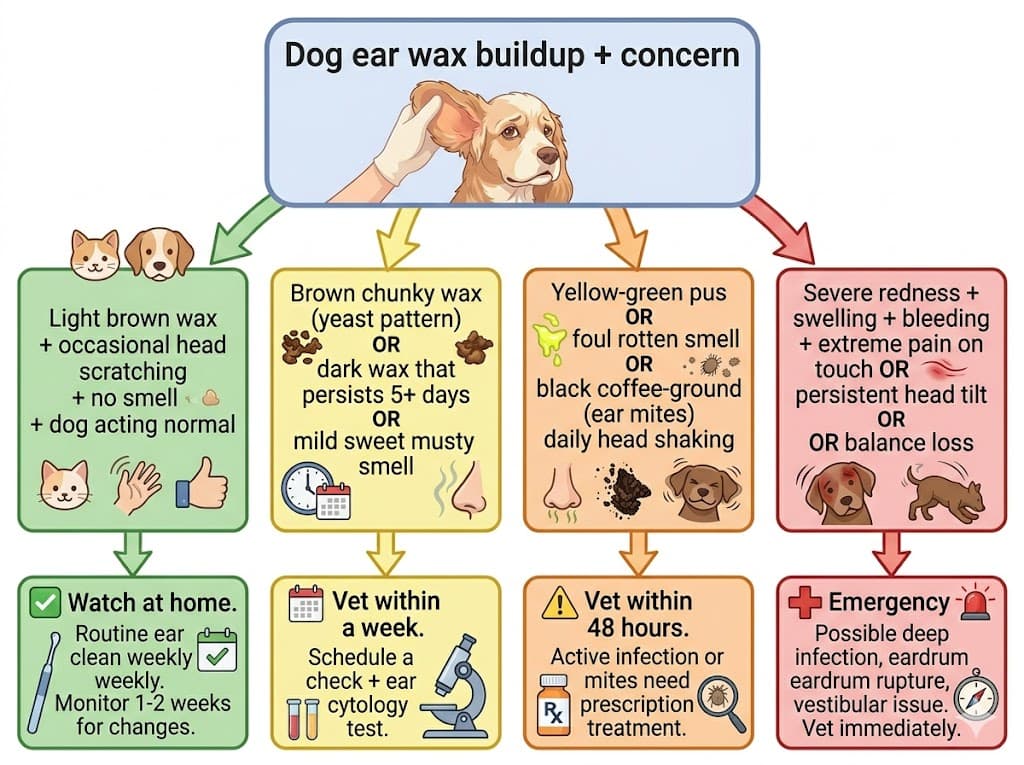 Decision flowchart for when to take a dog with severely infected ear wax to the vet