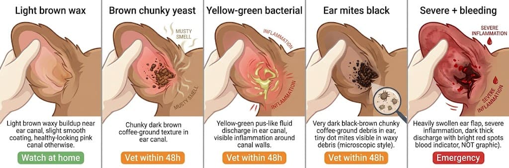 Comparison of 5 severely infected dog ear wax sub-types from light brown to emergency