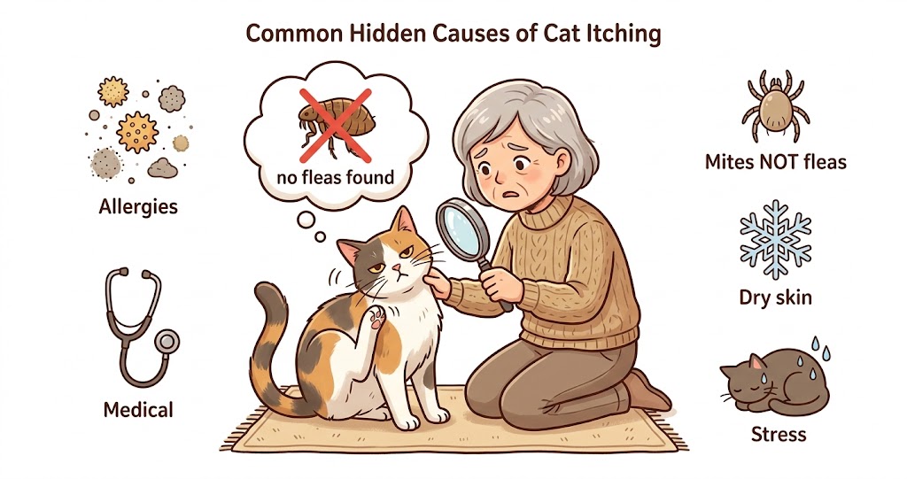 Cat itchy skin no fleas hero — worried owner examines scratching cat with no fleas found + 5 cause icons