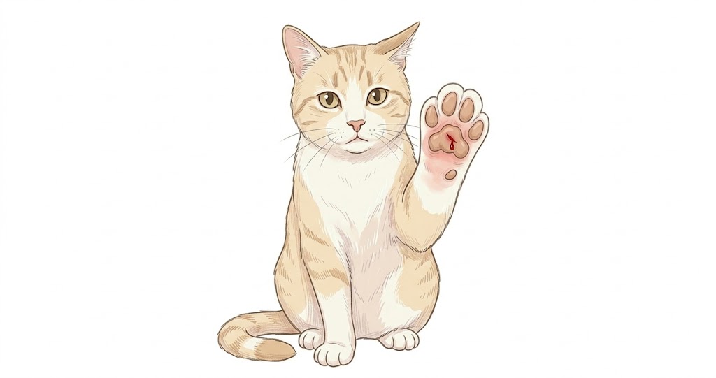 Cartoon cat raising a paw showing a small cut with one drop of blood — cat paw injury severity guide