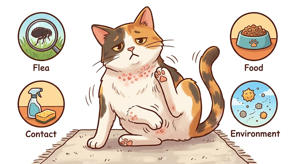Cat skin allergy causes hero — cat scratching with 4 trigger icons flea food environment contact