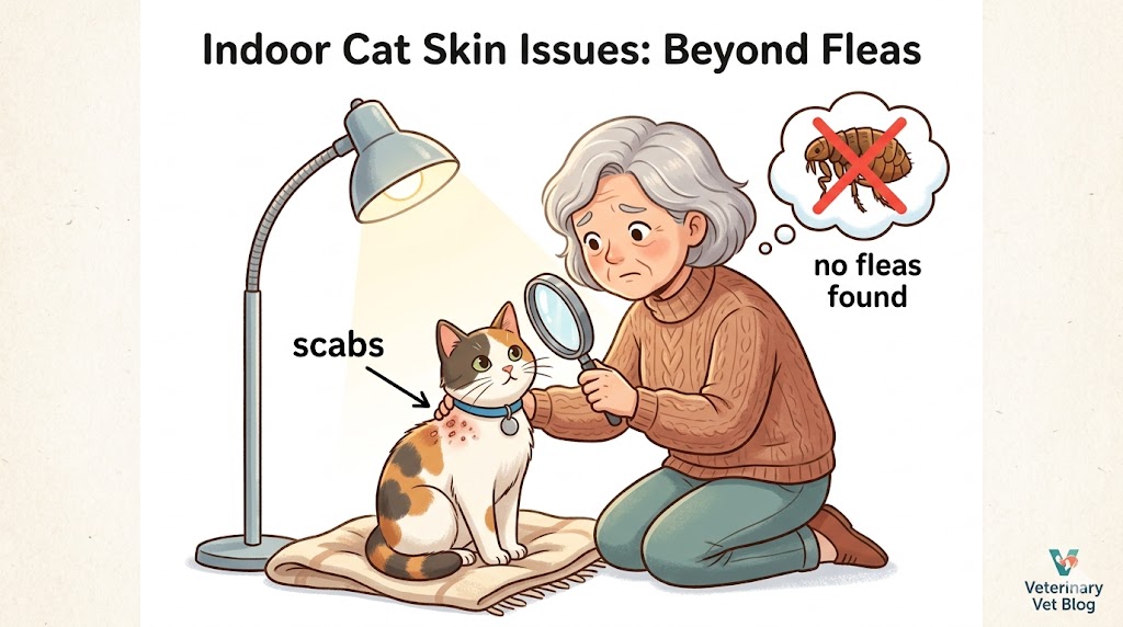 Worried owner examining cat skin scabs no fleas found, magnifying glass with flea crossed out
